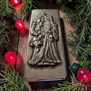 Metzke St. Nicholas Santa Pewter Embossed Lid 4" x 9" Tin Metal Box Vintage